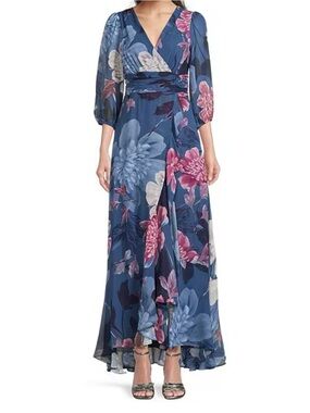Moda Tara Chiffon 3/4 Sleeve Ruffle Floral Print V-Neck Wrap Maxi Dress.